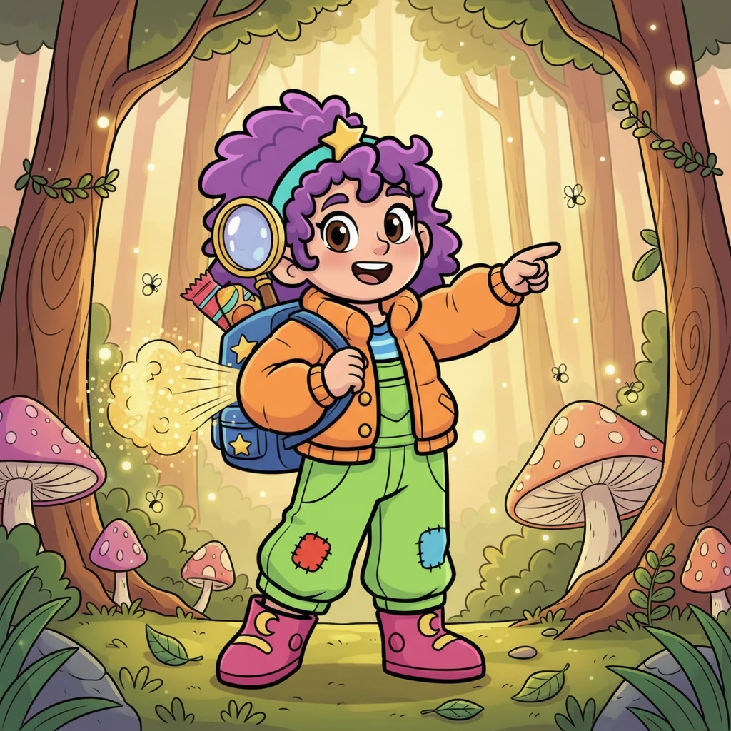 With a determined grin, Lila tapped her magical backpack, which instantly puffed up with a helpful snack and a trusty magnifying glass. 'An enchanted forest treasure hunt? Count me in!' she cheered, ready for anything.