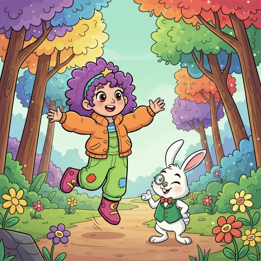Lila skipped into the Whispering Woods, where trees wore crowns of rainbow leaves and flowers giggled. A dapper rabbit with a tiny monocle hopped onto her path. 'To pass, you must solve a riddle, young traveler!' he squeaked with a wink.