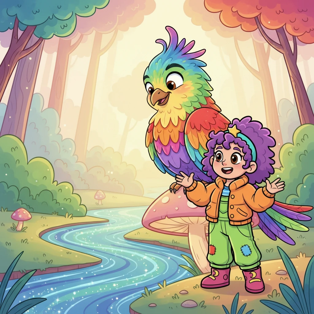 Further on, a wide, sparkly river blocked her way. Perched on a glowing mushroom was a magnificent, giant bird with feathers of every color imaginable. It tilted its head, 'I'll fly you across if you can make me laugh with a funny tale!'