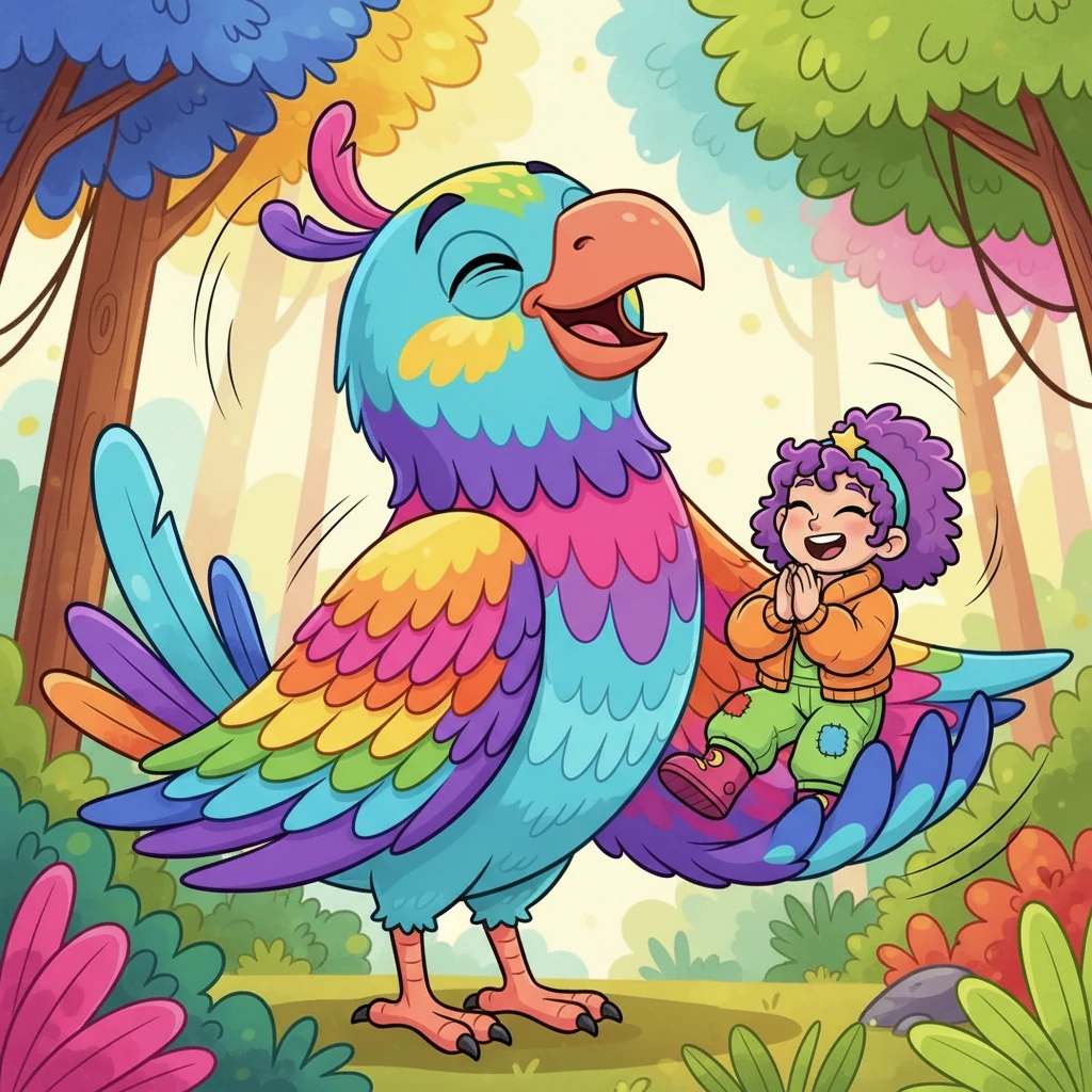 Lila thought for a moment, then burst out, 'Why don't scientists trust atoms? Because they make up everything!' The giant bird roared with laughter, its colorful body shaking the very trees, before gently scooping Lila up with a massive, soft claw.