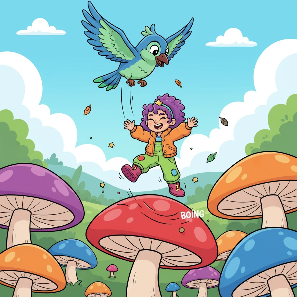The bird soared high, then playfully dropped Lila onto a field of bouncy, giant mushrooms! 'Boing! Boing!' she giggled as she bounced from one soft cap to another, making her way across the clearing with joyful leaps.