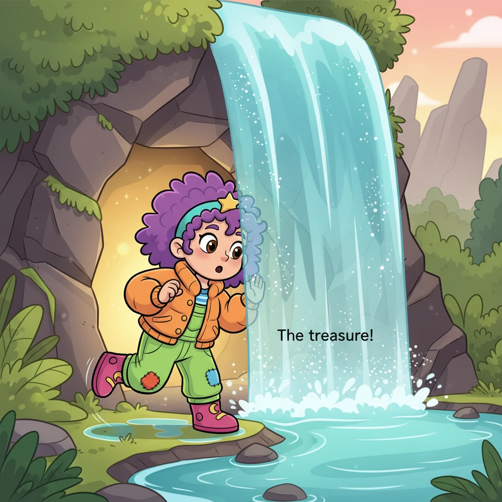 With one final, energetic bounce, Lila landed perfectly beside a shimmering waterfall that sparkled like a curtain of diamonds. Peeking through the watery veil, she saw a hidden cave entrance, glowing invitingly. 'The treasure!' she whispered.