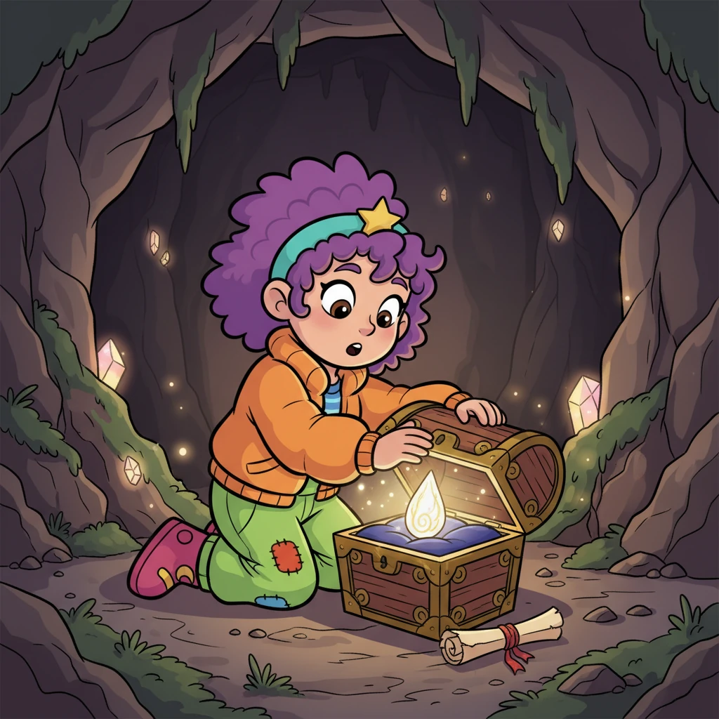 Inside the cave, a small, ornate chest gleamed. Lila carefully opened it, expecting gold, but found a single, radiant seed and a scroll. The scroll read: 'The true treasure is the journey, the friends you make, and the courage you find within.'