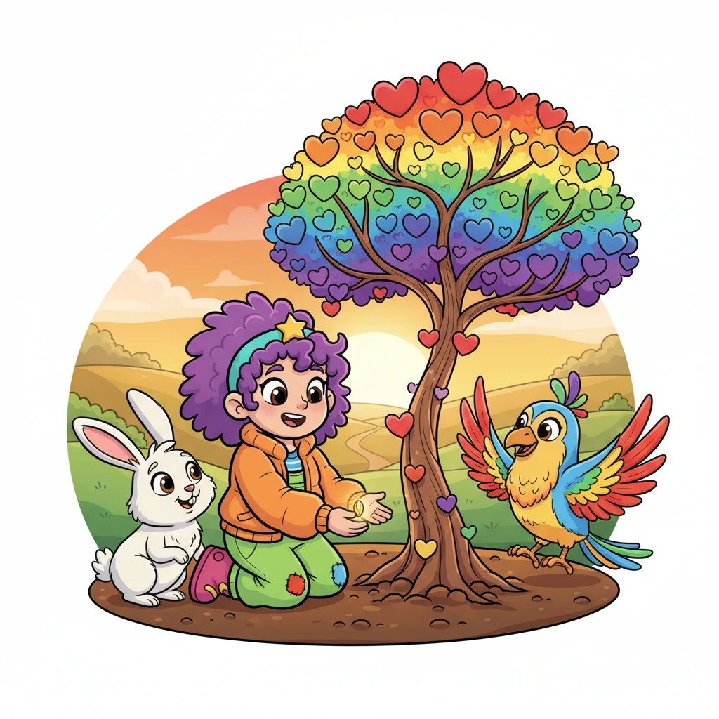 Lila emerged, her heart full, with the talking rabbit and the giant bird now by her side. She planted the glowing seed, and instantly, a magnificent, rainbow-leafed friendship tree sprouted, its branches reaching out like welcoming arms. Lila realized the best treasure was sharing adventures with new friends.