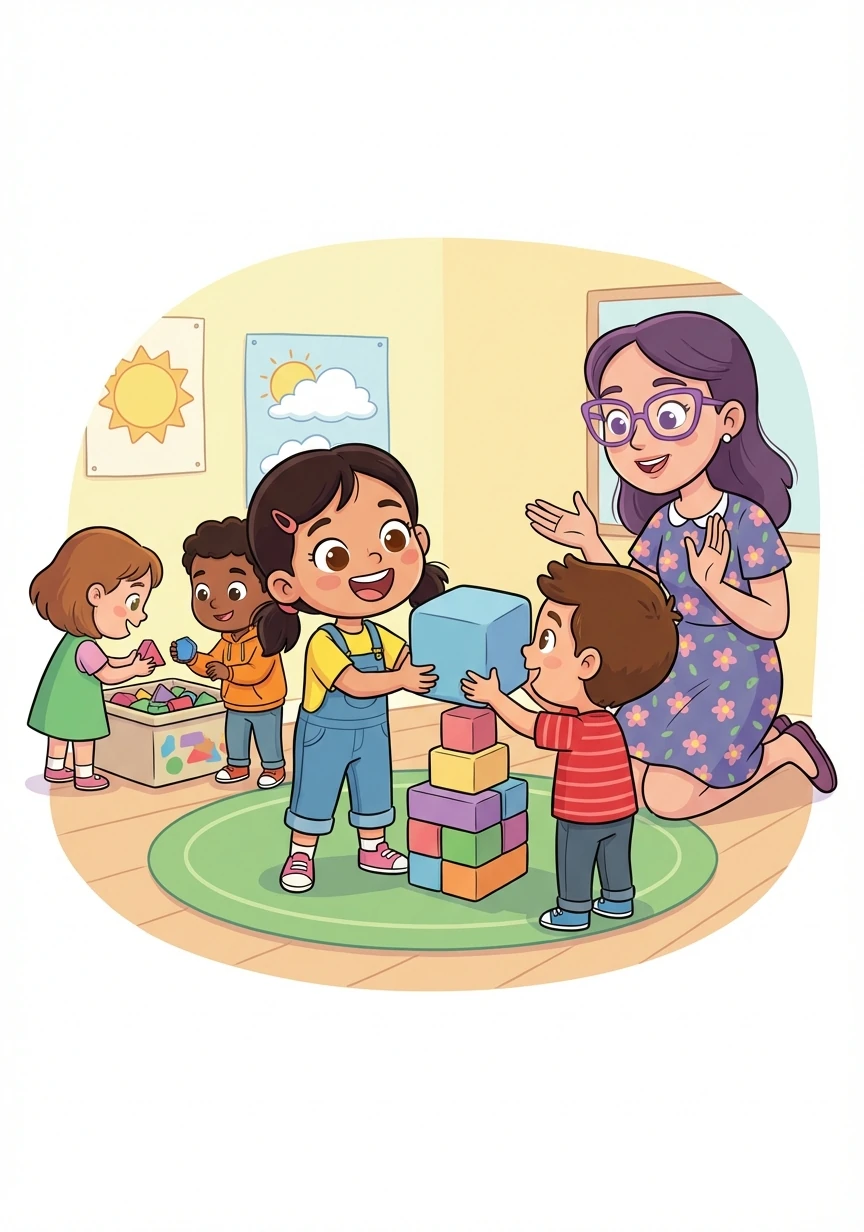 La maestra organizó juegos y actividades para que los niños aprendieran a trabajar juntos, a compartir y a resolver problemas sin pelear. Sofía descubrió que era más divertido jugar en equipo.