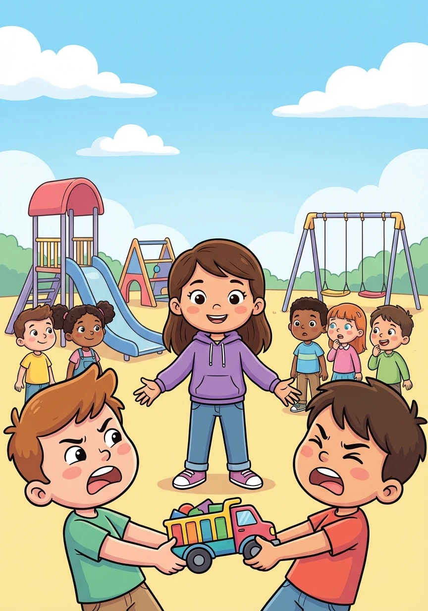 Durante el recreo, algunos niños comenzaron a discutir por un juguete. Sofía, recordando lo que había aprendido, se acercó y propuso una solución para que todos pudieran jugar juntos.