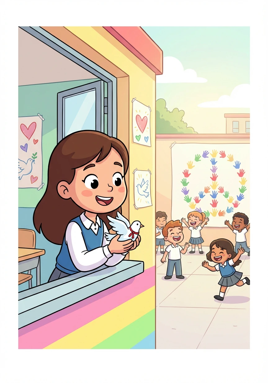Y así, en aquel colegio alegre y lleno de vida, los niños aprendieron que la paz comienza con una sonrisa, una palabra amable y un corazón dispuesto a comprender a los demás. Sofía siempre recordaría el Día de la Paz.