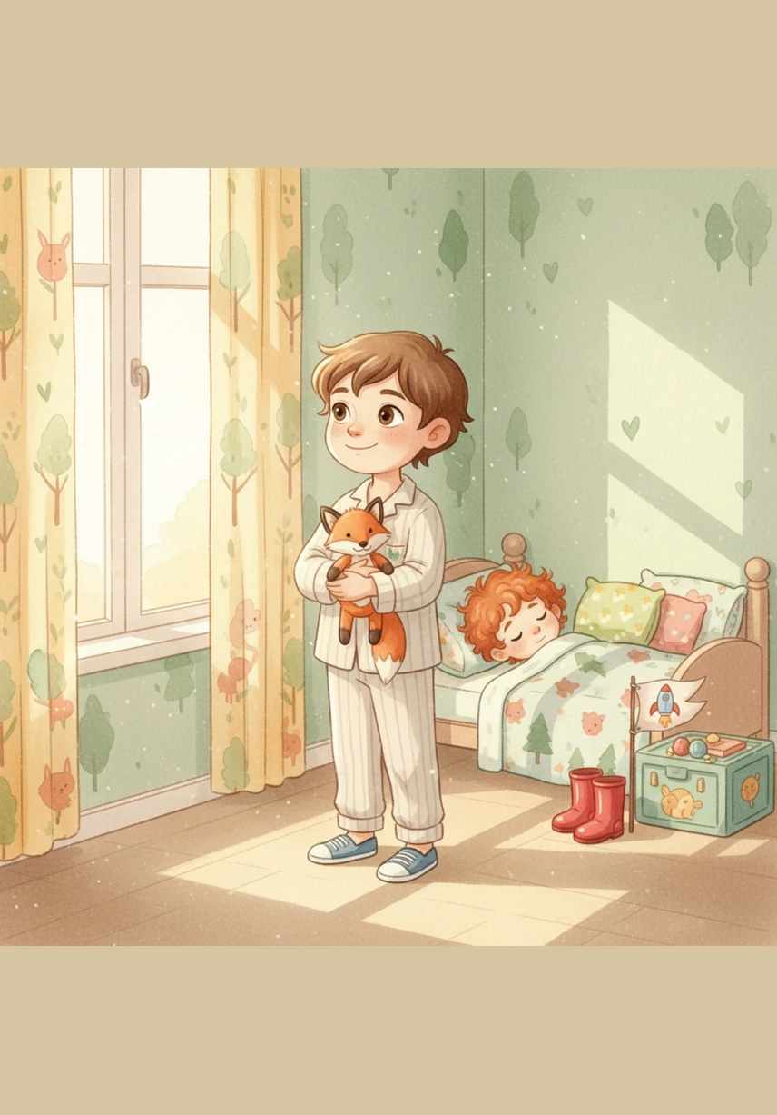 The morning sun streams into the bedroom where Samar and Nivaan are waking up for a big day. Little Nivaan, with his round face and straight hair, bounces on the bed with excitement because it is finally his first day of school.