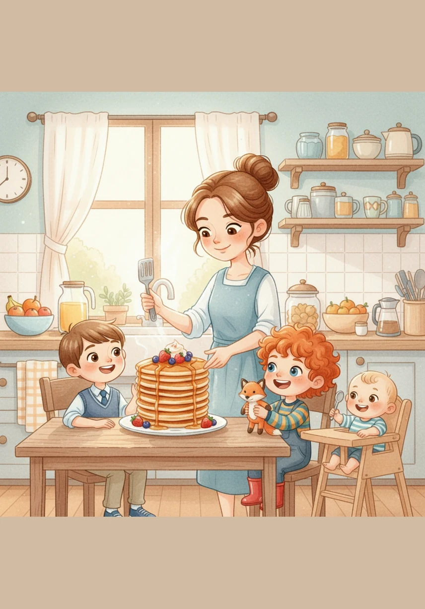 In the kitchen, Mom is smiling as she plates a stack of warm, golden pancakes for her two sons. The delicious scent of breakfast fills the home, making the fair-skinned boys eager to start their morning.