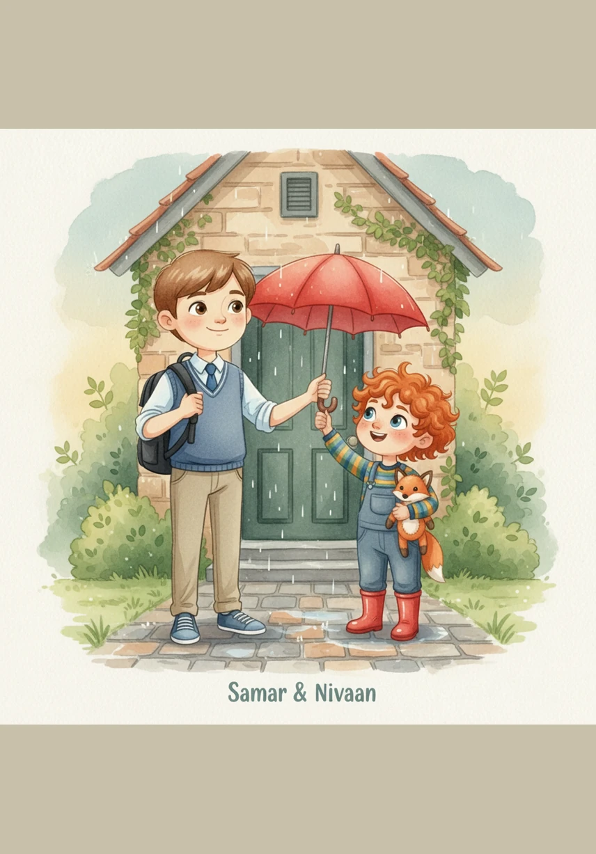 Samar, the older brother in Grade 4, sits beside Nivaan and helps him finish his breakfast. They both look neat and tidy in their school clothes, ready to represent Adhyan School.