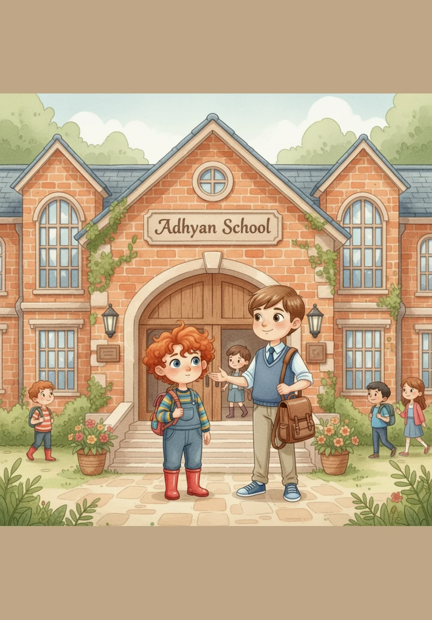 They arrive at the entrance of Adhyan School, where other children are laughing and playing. Nivaan looks up at the large school building with wide, curious eyes, feeling both brave and a little nervous.