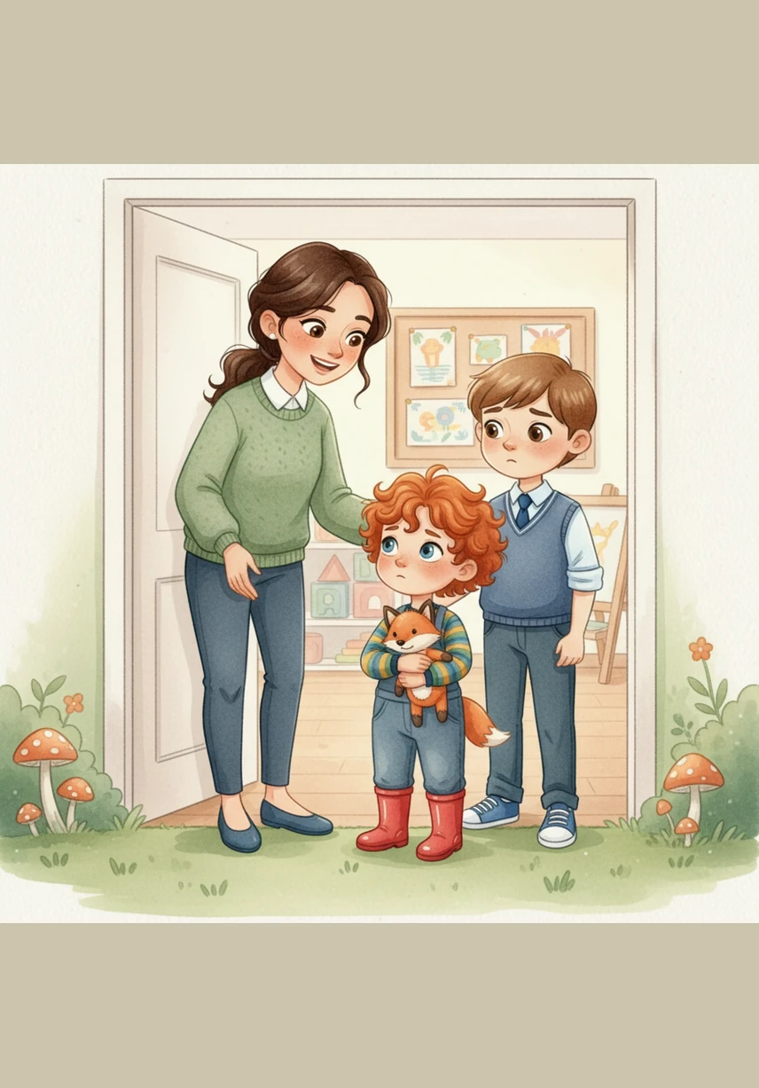 The Playgroup teacher greets Nivaan with a friendly wave and a kind word. Nivaan looks at Dad and Samar one last time, feeling the love and support of his family as he prepares to enter.