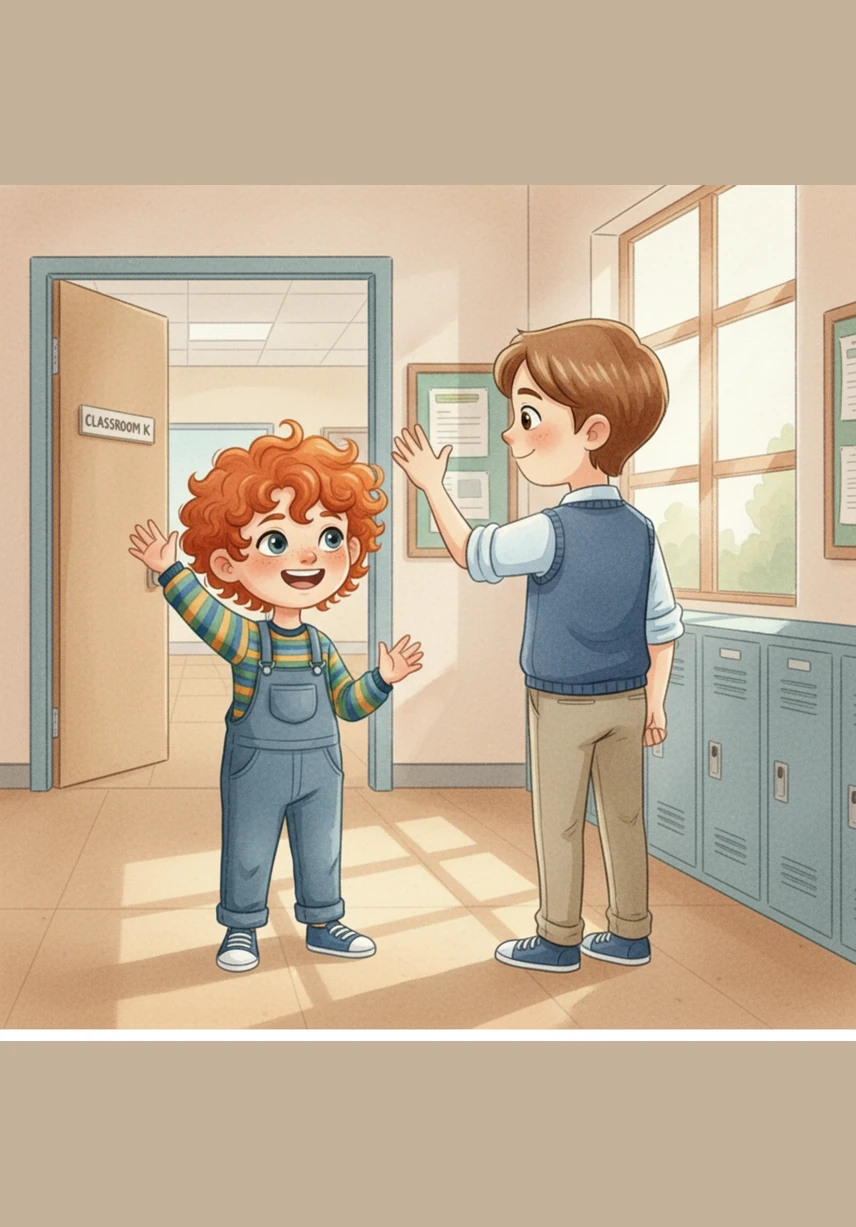 Samar waves a cheerful goodbye to Nivaan before turning to head toward his own classroom. He is proud to see his little brother taking such a big step on his very first day.