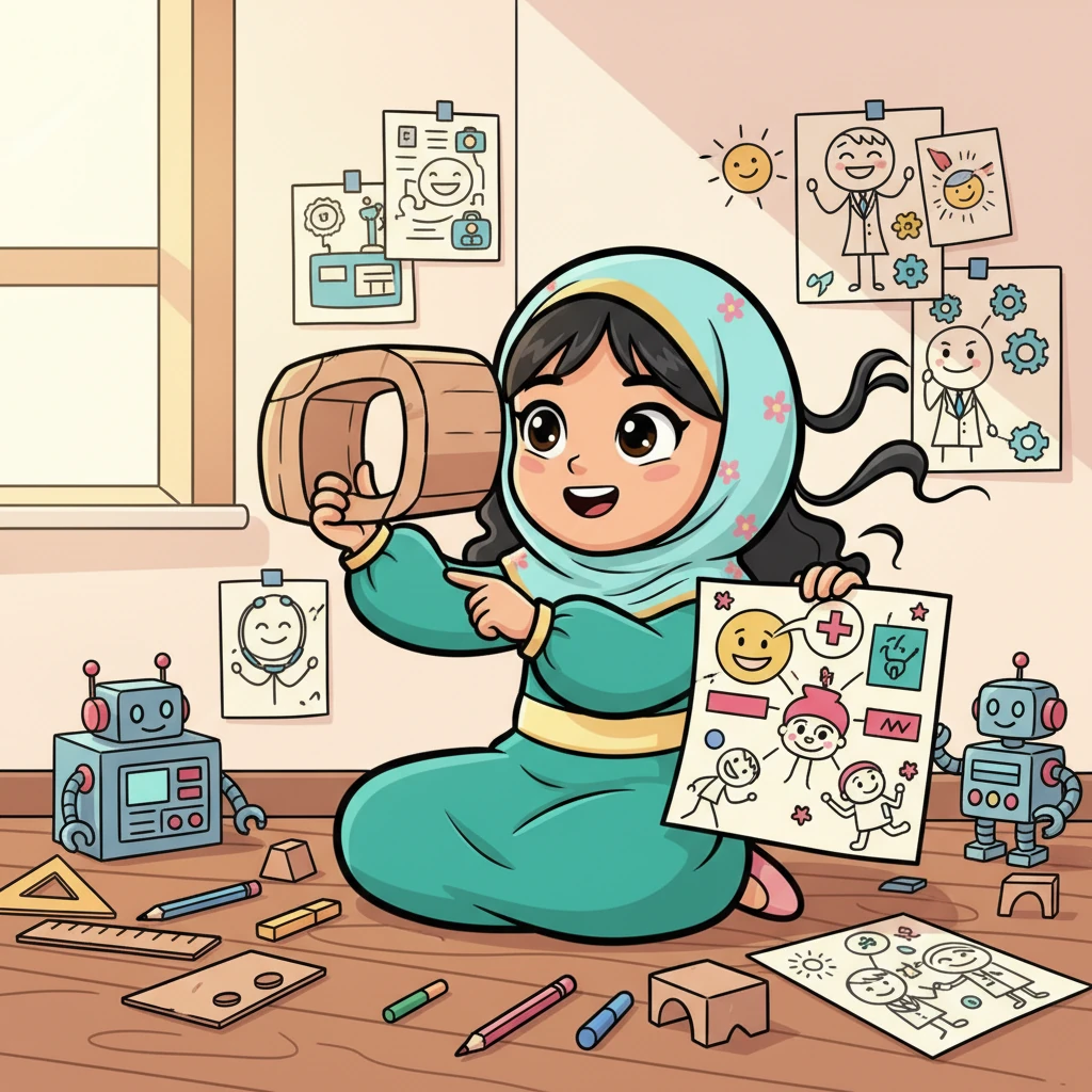 نورا، فتاة صغيرة بعيون لامعة وشعر يتطاير، كانت تحلم دائمًا بمساعدة الآخرين. كانت تجلس في غرفتها المليئة بالأدوات والرسومات، تتخيل طرقًا لجعل الجميع سعداء وبصحة جيدة. كانت تفكر في الأطباء الذين يعملون بجد، وكيف يمكن أن تجعل عملهم أسهل.