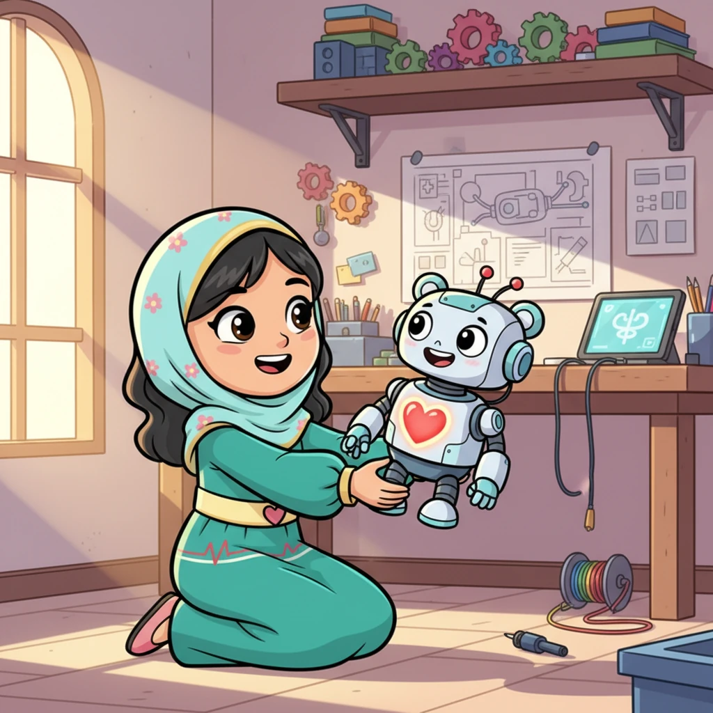 ذات يوم، خطرت لنورا فكرة رائعة! قررت بناء صديق آلي صغير، سمته "قلبون". كان قلبون روبوتًا لطيفًا بقلب مضيء وابتسامة عريضة، مصممًا ليكون محققًا صحيًا ذكيًا. كان قلبون متحمسًا لمساعدتها في مهمتها النبيلة.