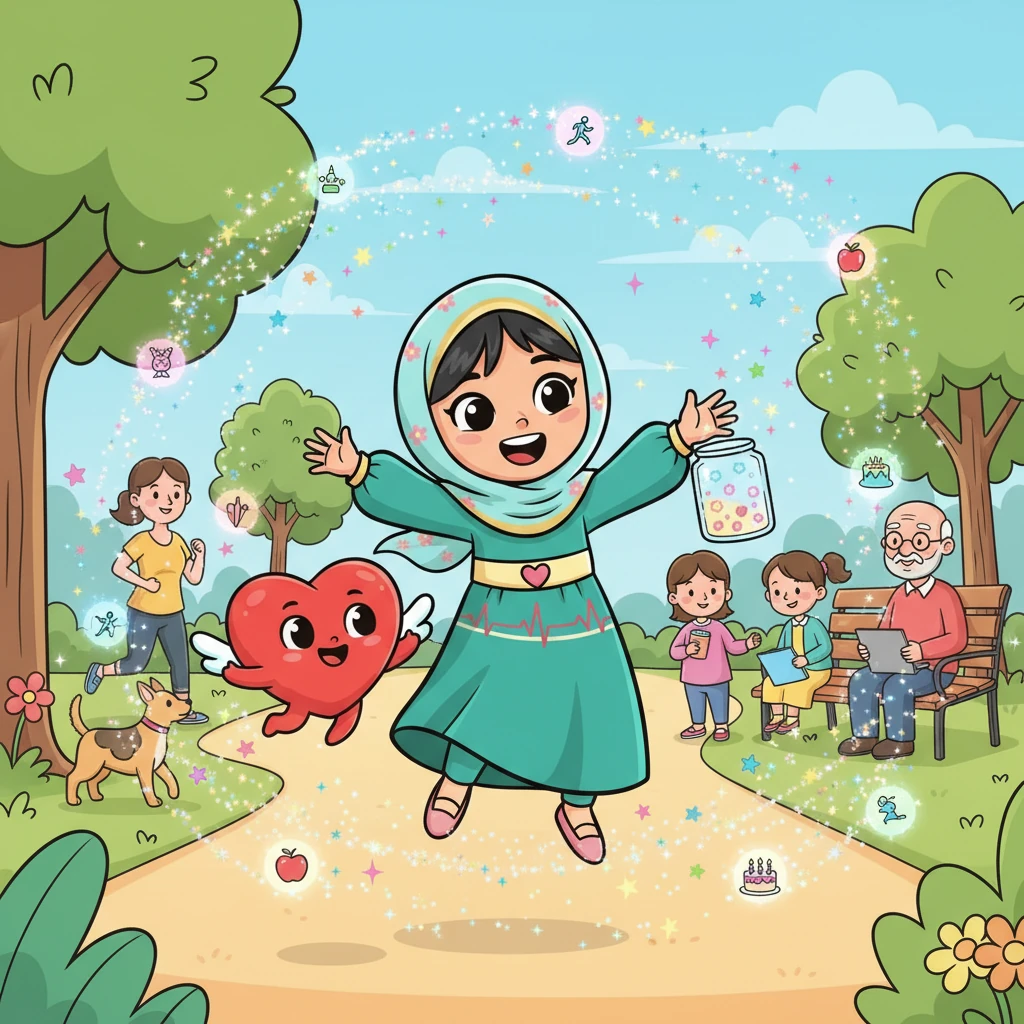 انطلقت نورا وقلبون في مهمة جمع "لمعات الصحة" من الناس. كانت هذه اللمعات الصغيرة الملونة تحمل معلومات مثل عدد المرات التي يركضون فيها، وماذا يأكلون، وكم عمرهم. كانت اللمعات تتطاير حولهما مثل الفراشات السحرية، وكل لمعة تحكي قصة صغيرة.