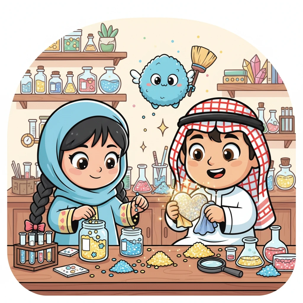 بعد جمع الكثير من اللمعات، أحضرتهما نورا وقلبون إلى مختبرهما الصغير. بدأ قلبون، بمساعدة نورا، بتنظيف وفرز هذه اللمعات بعناية فائقة. كانت بعض اللمعات متسخة قليلاً أو غير مرتبة، فقاموا بتلميعها ووضعها في مكانها الصحيح لتصبح لامعة وواضحة.