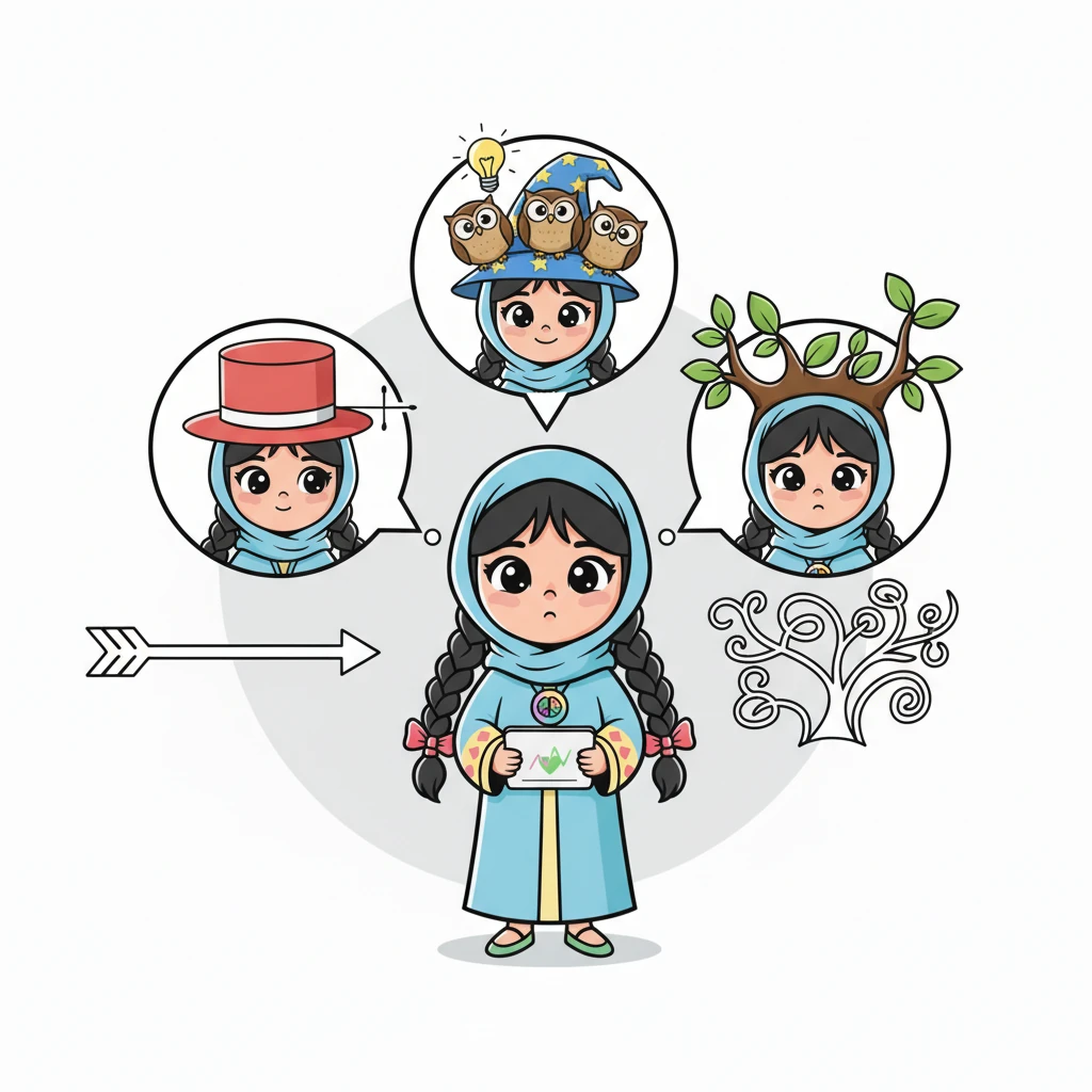 ليفهم قلبون اللمعات بشكل أفضل، جرب عدة "قبعات تفكير" مختلفة. كانت إحدى القبعات تجعله يرى الأمور في خط مستقيم بسيط، بينما جعلته قبعة أخرى يتبع مسارات متفرعة مثل شجرة. أخيرًا، جرب قبعة "فريق البوم الحكيم"، حيث عملت عدة بومات صغيرة معًا بذكاء شديد.