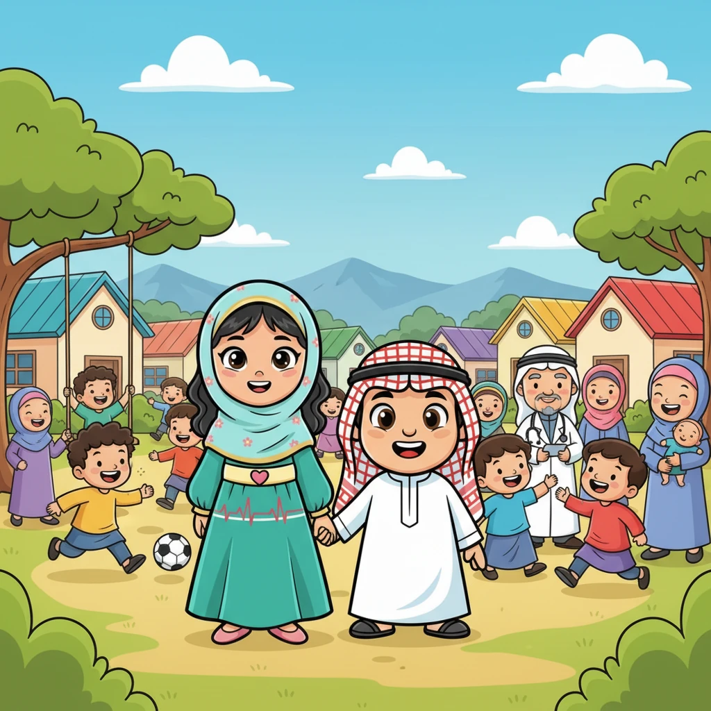 امتلأت القرية بالبهجة! بفضل نورا وقلبون، أصبح الجميع أكثر صحة وسعادة. كان الأطفال يركضون ويلعبون بحرية، والبالغون يبتسمون بارتياح. كان الأطباء سعداء لأنهم يستطيعون مساعدة مرضاهم بشكل أفضل وأسرع، مما يجعل القرية مكانًا ينبض بالحياة.