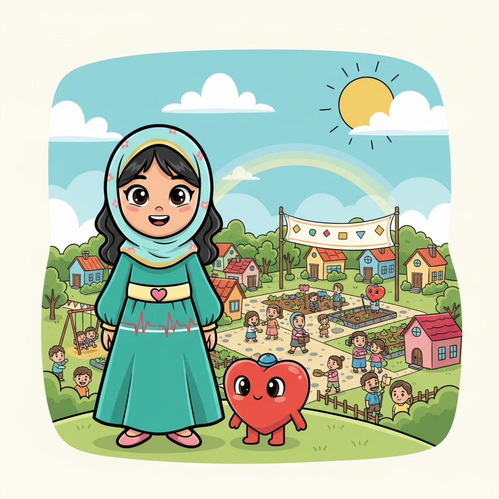 وقفت نورا وقلبون يراقبان القرية السعيدة، وهما يعلمان أن أفضل فريق هو فريق البيانات الجيدة والتفكير الذكي. تذكر الجميع أن العناية بقلوبهم مهمة، وأن المساعدة المبكرة يمكن أن تجعل كل يوم مليئًا بالمرح والسعادة.