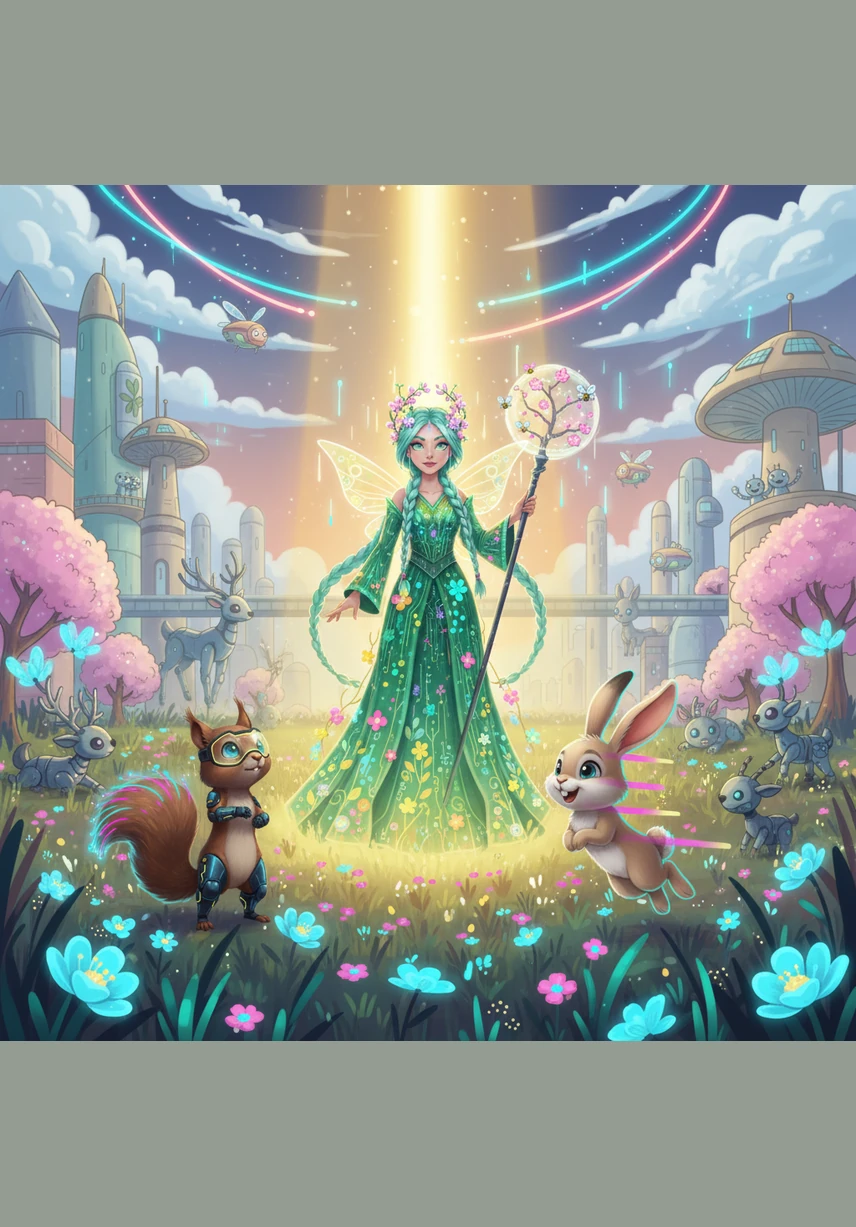 As the animals gathered in the meadow, a bright and warm beam of light descended from the sky. From the golden glow emerged Lady Spring, wearing a gown woven from fresh grass, vibrant flowers, and soft sunbeams.