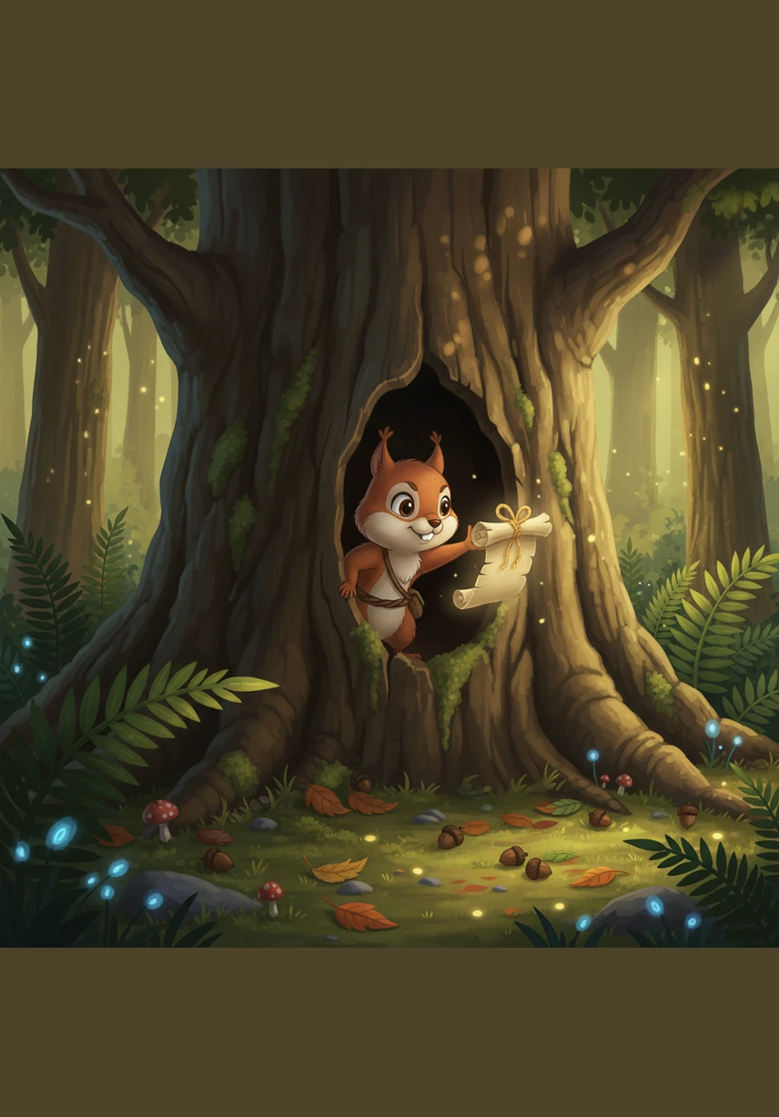 Deep in the heart of the Emerald Forest, Sammy the squirrel was busy gathering acorns for the winter. While peeking into a hollow oak tree, he discovered a dusty, rolled-up piece of parchment tied with a weathered golden string.