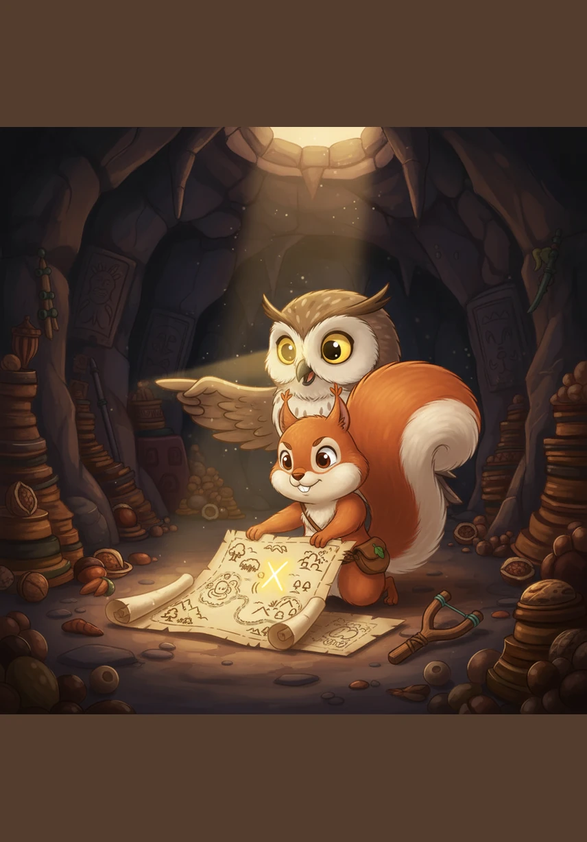 Sammy carefully unrolled the parchment to find a mysterious map drawn with shimmering, magical ink. It showed a winding path leading past the Great Stream and through the Whispering Woods to a giant, glowing acorn symbol.