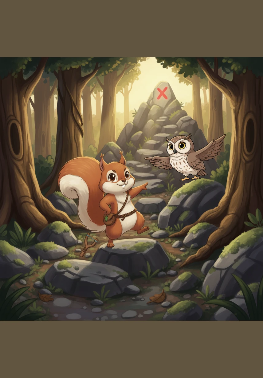 The path became steep and rocky, but Sammy didn't give up even when his little paws grew tired. He hopped from stone to stone, feeling braver with every step he took toward the mysterious X marked on his map.