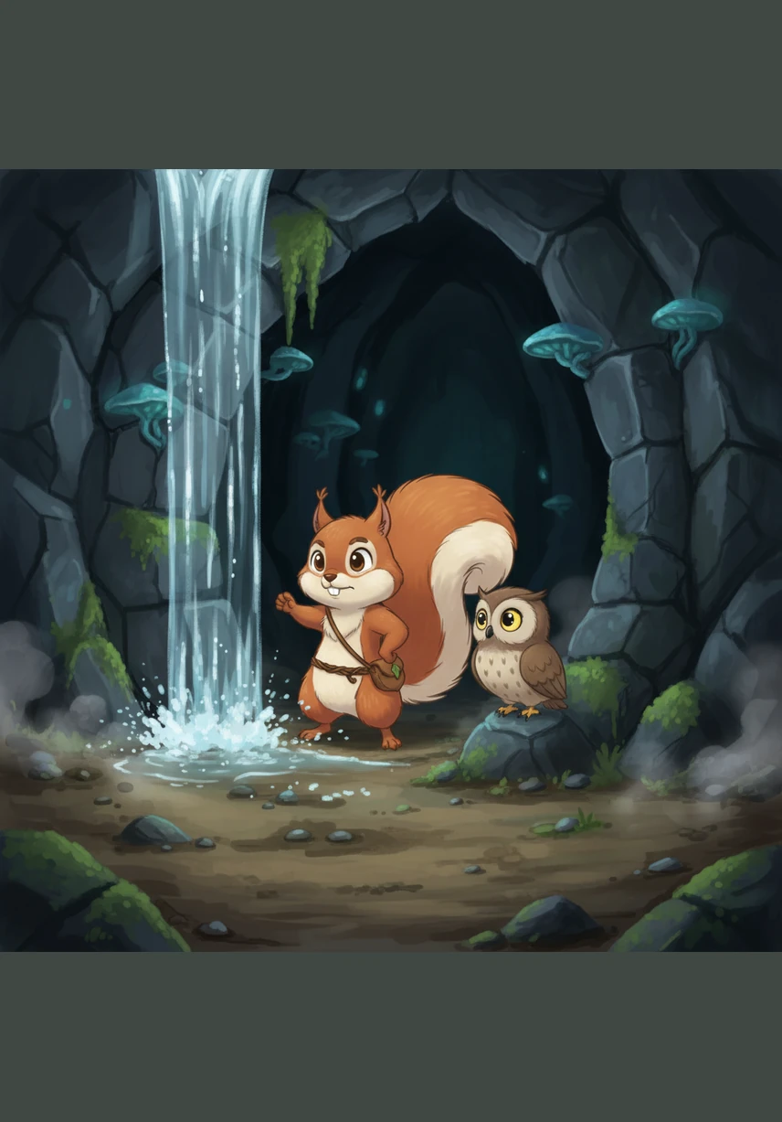 Behind a shimmering curtain of a hidden waterfall, Sammy found the entrance to a secret cavern. The air smelled of damp earth and ancient secrets as he stepped cautiously into the cool, dark shadows.