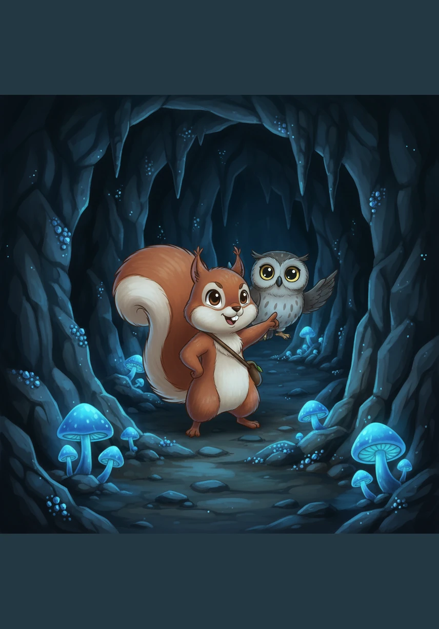 Inside the cave, a path of glowing blue mushrooms lit the way like tiny lanterns. Sammy followed the magical trail deeper into the heart of the mountain, his eyes wide with wonder at the sparkling cave walls.