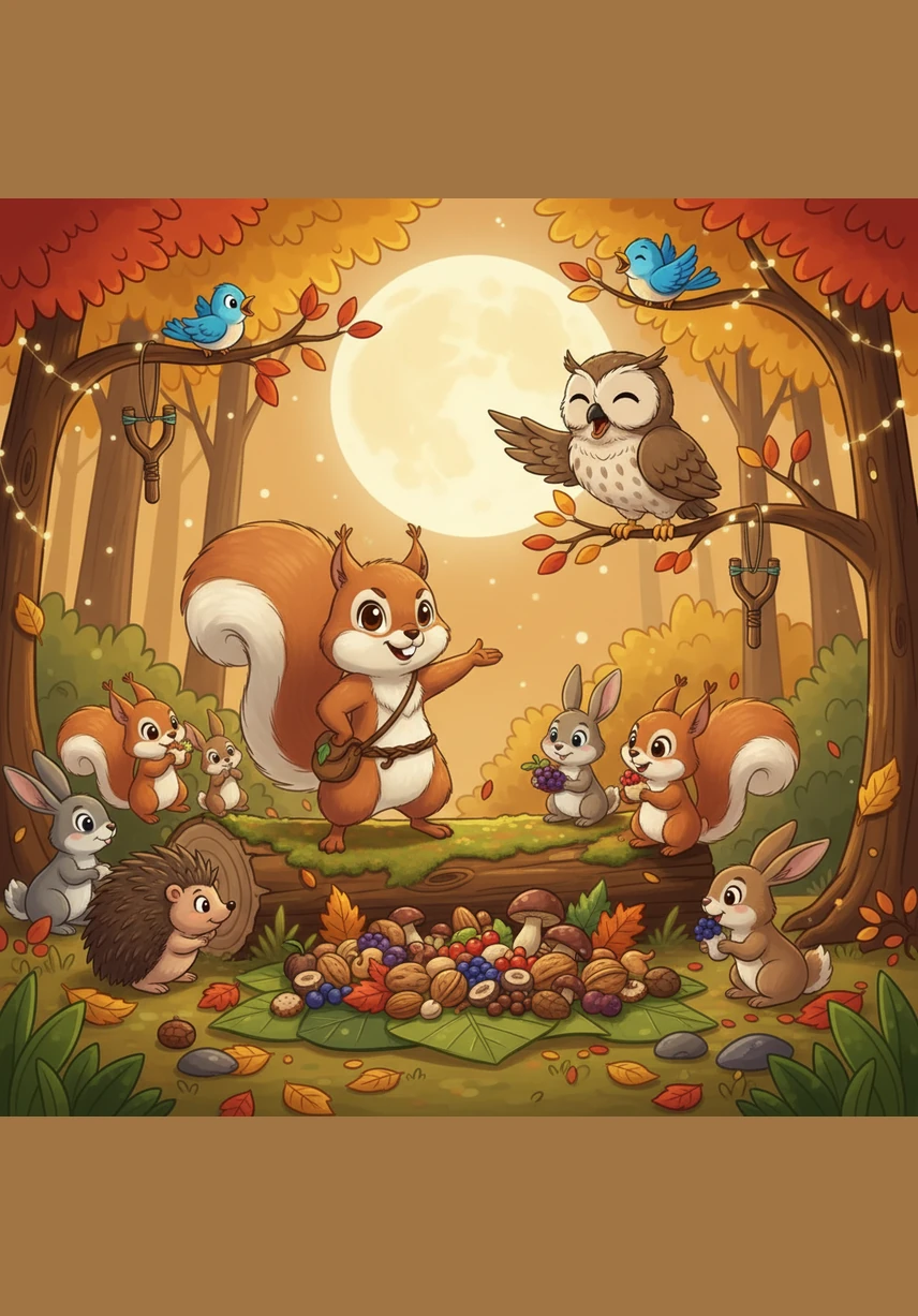 Sammy realized that such a wonderful treasure was meant to be shared with everyone he loved. He invited all his forest friends to a grand feast, celebrating the adventure that brought them all together under the autumn moon.