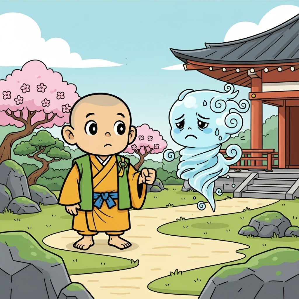 お寺の庭で、一休は風の精霊に会いました。精霊は困った顔をしており、風の力が弱まっていると話しました。