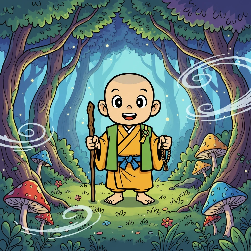 一休は、風の精霊が住むとされる、不思議な森にたどり着きました。森の中は静かで、風の音は聞こえません。