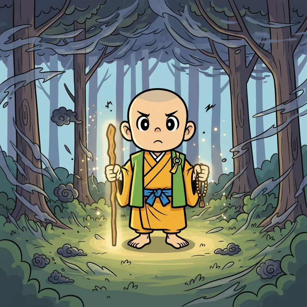 森の奥で、一休は風の力を弱めている原因を見つけました。それは、人々の心の乱れでした。