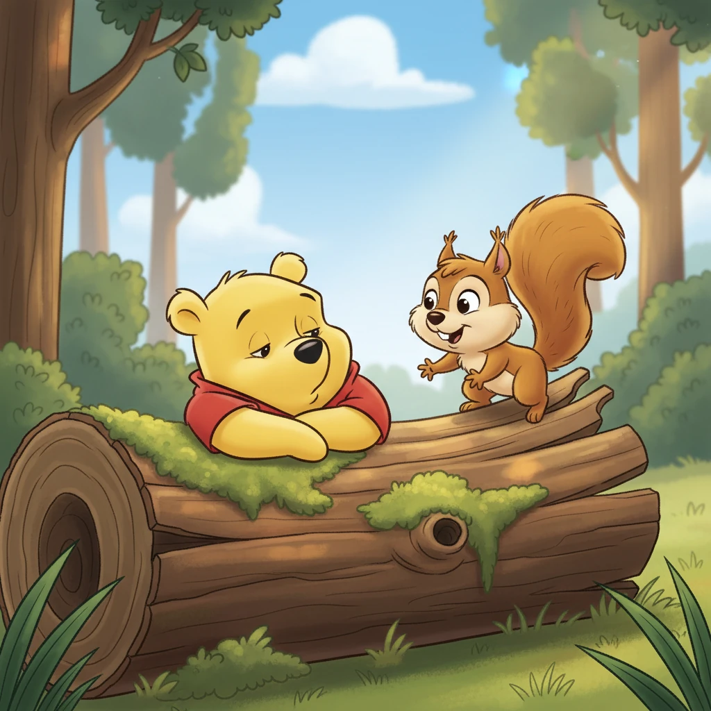 Suddenly, a tiny, bouncy squirrel named Squeaky scampered up the log. “What are you doing, Barnaby?” Squeaky chirped, twitching his nose. Barnaby opened his eyes slowly and explained about his mysterious wait.