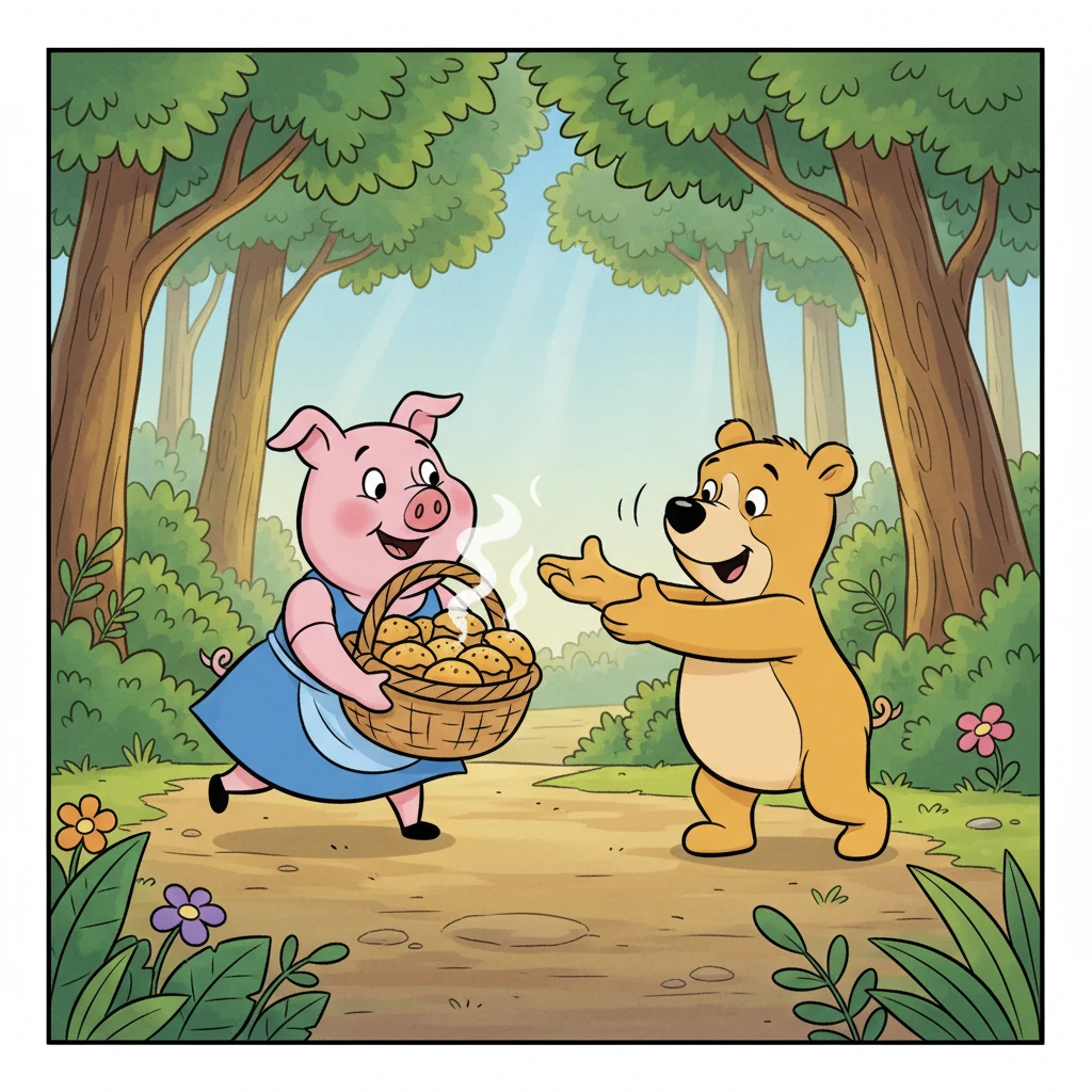 Round the bend came Barnaby’s dear friend, Penelope Pig, carrying a basket overflowing with golden, warm cakes. “Sorry I’m late, Barnaby!” Penelope called, her cheeks rosy. “I knew you were waiting for these!”