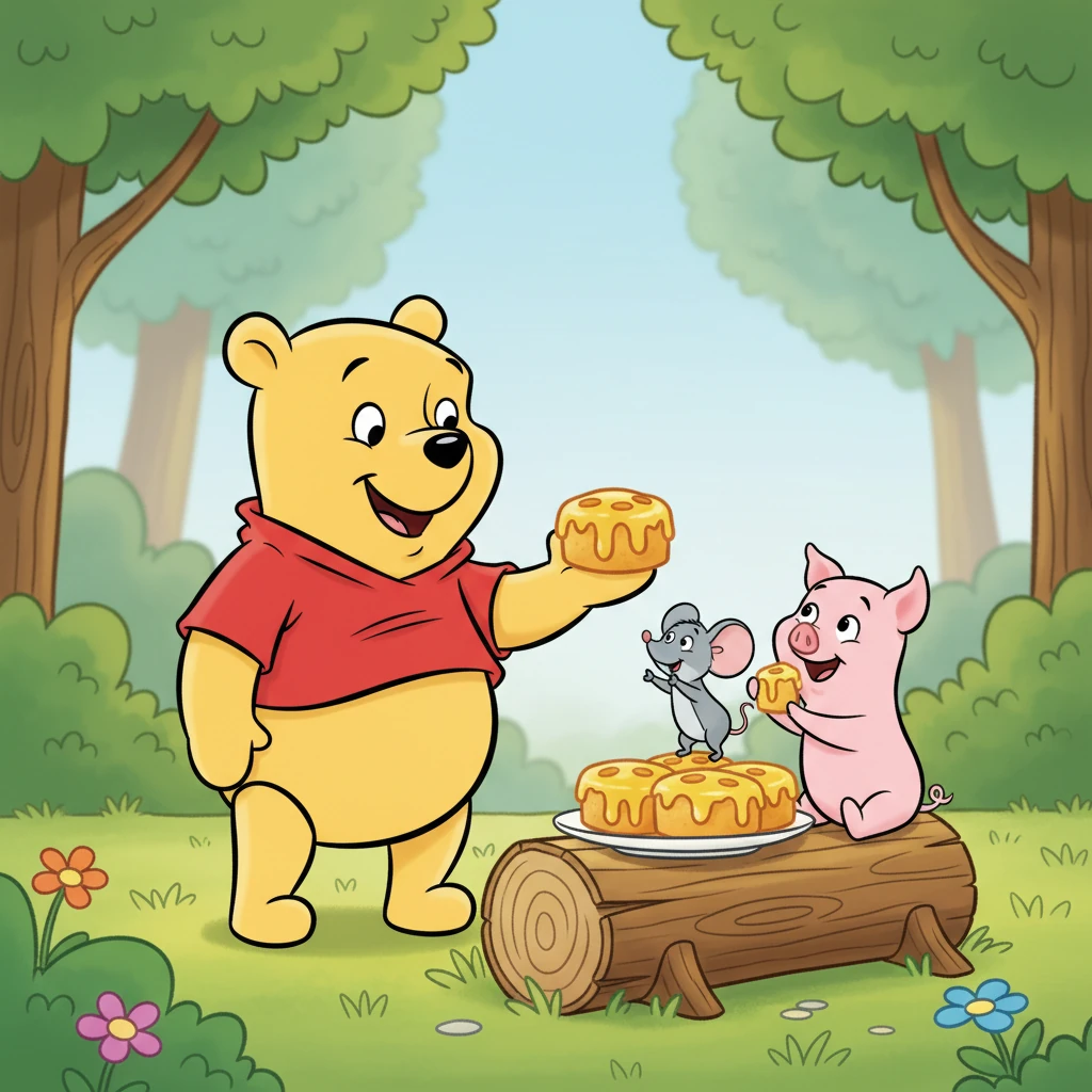 Barnaby’s eyes widened with delight. He hadn’t known he was waiting for honey cakes, but now that they were here, it felt absolutely perfect. He shared a cake with Squeaky and Penelope, realizing that waiting wasn't so bad after all, especially with good friends and a sweet surprise.