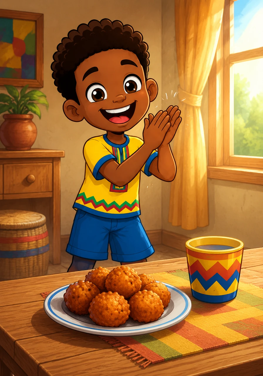 Under the bright morning sun, Tobi claps his hands to a catchy new rhythm, eager to start his musical alphabet adventure. On the table sits a plate of warm, delicious Akara and a colorful cup, just waiting to be part of the morning song.
