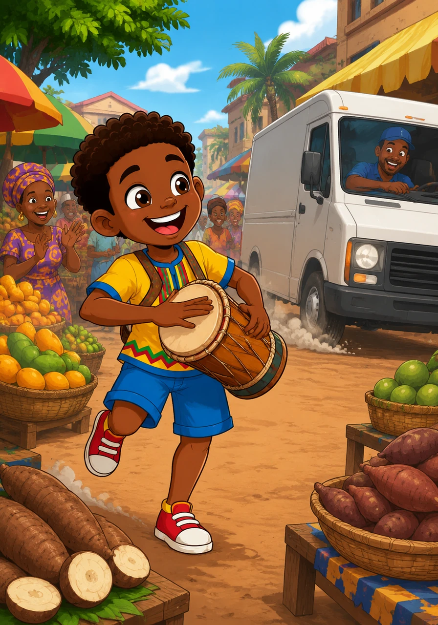 Tobi skips through the lively local market, where the smell of ripe mangoes and fresh yams fills the air. He beats a rhythmic tune on a traditional talking drum, laughing as a delivery van rumbles past to the beat of his song.
