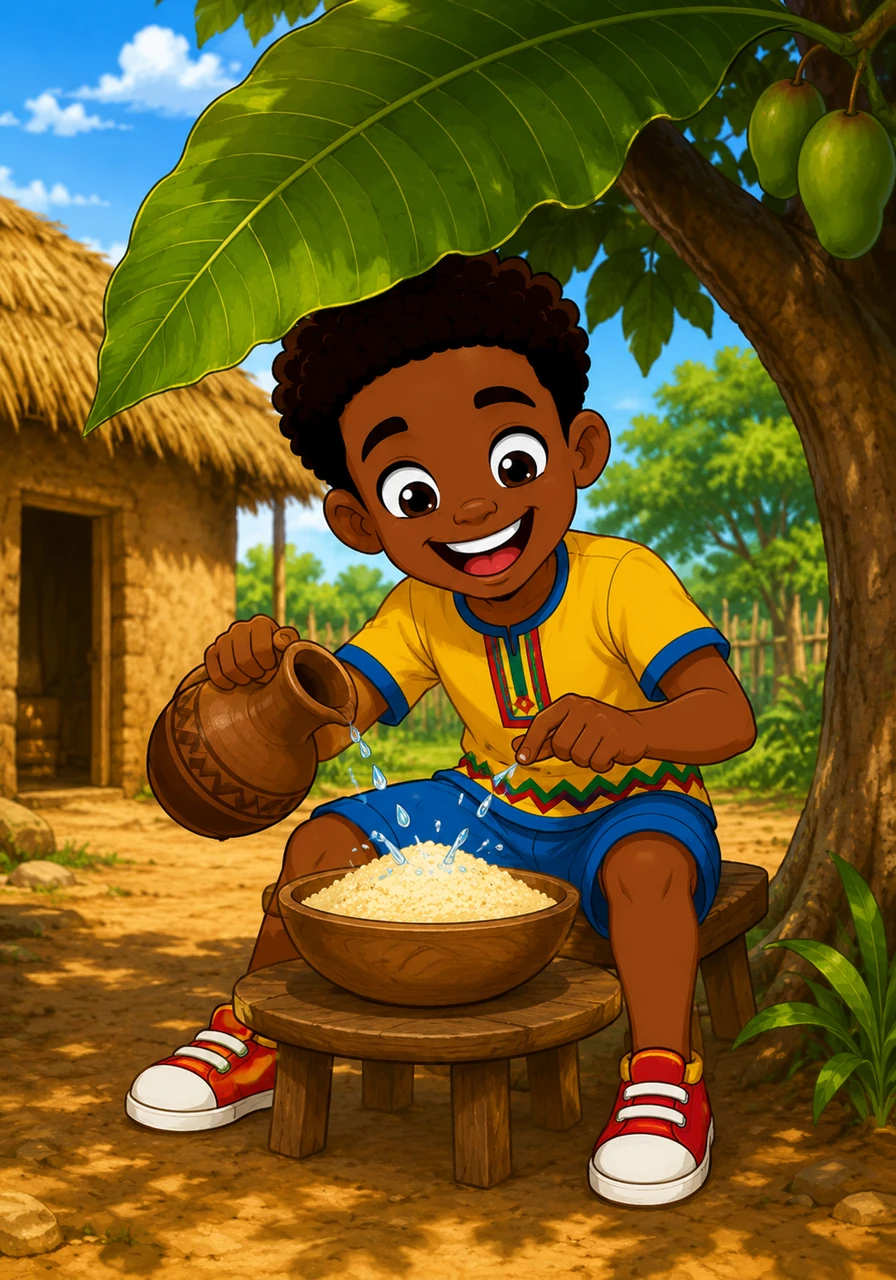 Sitting outside a cozy village hut, Tobi takes a break to enjoy a cool bowl of Garri under the shade of a massive green mango leaf. He splashes a bit of clean water from a jug, turning the refreshing droplets into a playful tapping game.