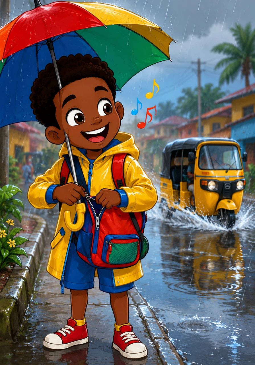 A sudden afternoon shower brings out a big, bright umbrella, but it cannot stop Tobi's joyful singing. He watches a shiny yellow Keke splash through puddles while he zips up his school bag, finding a beat in the steady pitter-patter of the rain.