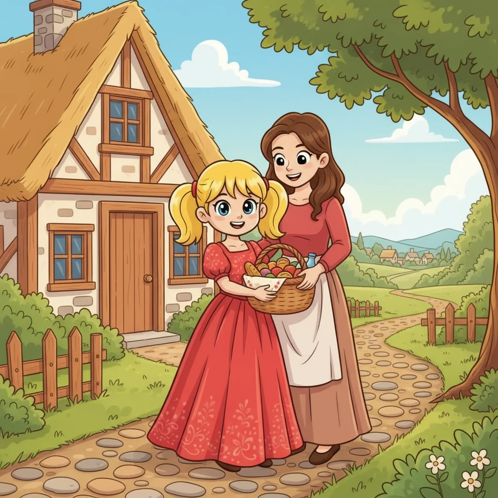 Sreymom war ein kleines Mädchen aus Kambodscha. Sie trug eine wunderschöne, rote traditionelle Kleidung. Ihre Mutter sagte: "Bring diese Speisen zu deiner Großmutter!" Sreymom nahm einen Korb mit leckeren kambodschanischen Speisen.