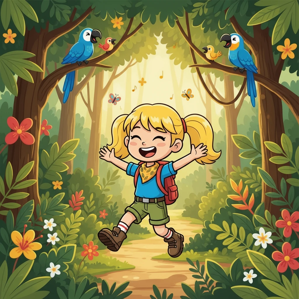 Sie ging durch den dichten Dschungel. Die Sonne schien warm. Sreymom sang ein Lied. Sie war fröhlich, weil sie ihre Großmutter besuchen konnte. Die Vögel zwitscherten in den Bäumen.