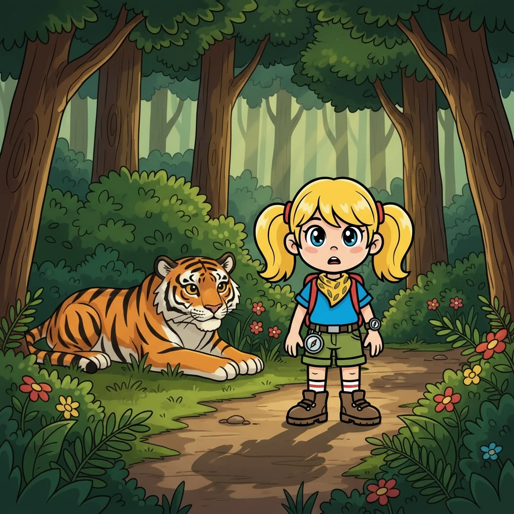 Plötzlich sah Sreymom einen großen Tiger. Der Tiger lag im Schatten der Bäume. Er sah Sreymom an. Sie hatte etwas Angst, aber sie blieb stehen.