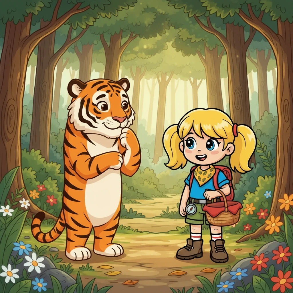 Der Tiger sprach: "Wohin gehst du, kleines Mädchen?" Sreymom antwortete: "Ich gehe zu meiner Großmutter." Der Tiger sagte: "Was hast du in deinem Korb?" Sreymom erzählte von den Speisen.