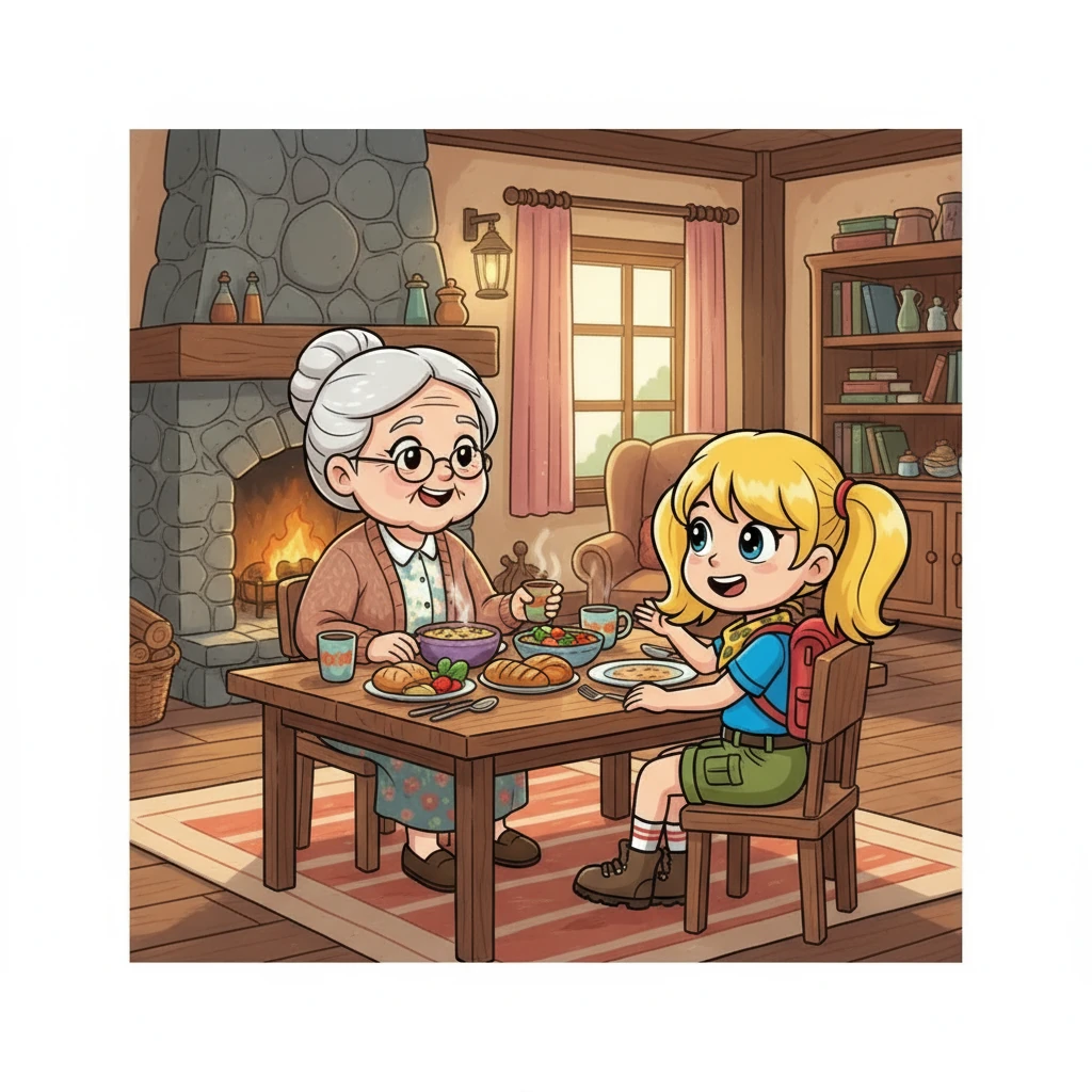 Sreymom kam bei ihrer Großmutter an. Die Großmutter freute sich sehr. Sie aßen zusammen die leckeren Speisen. Sreymom erzählte von ihrer Begegnung mit dem Tiger. Sie waren beide glücklich.