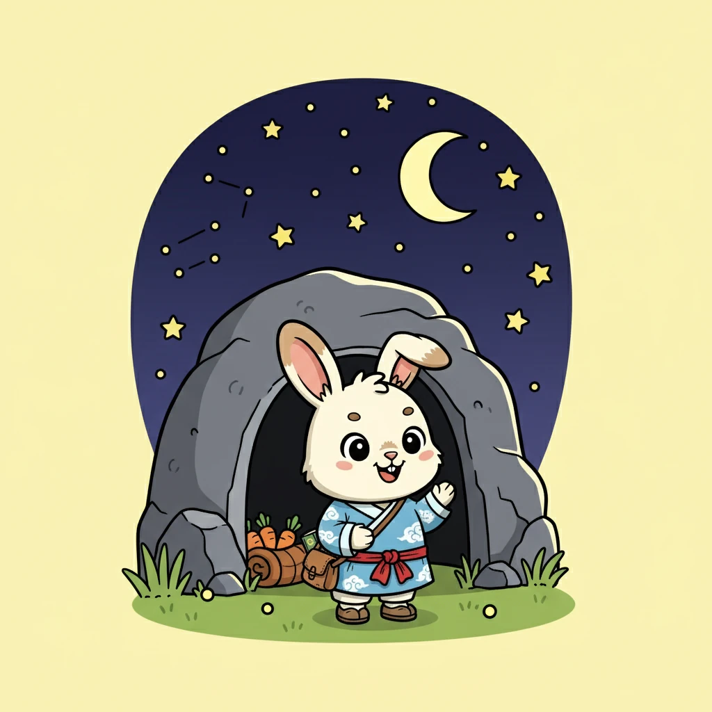 豆豆收拾好行囊，带上了她最喜欢的胡萝卜和毛毯，踏出了山洞。她站在洞口，抬头仰望星空，心中充满了期待和兴奋。