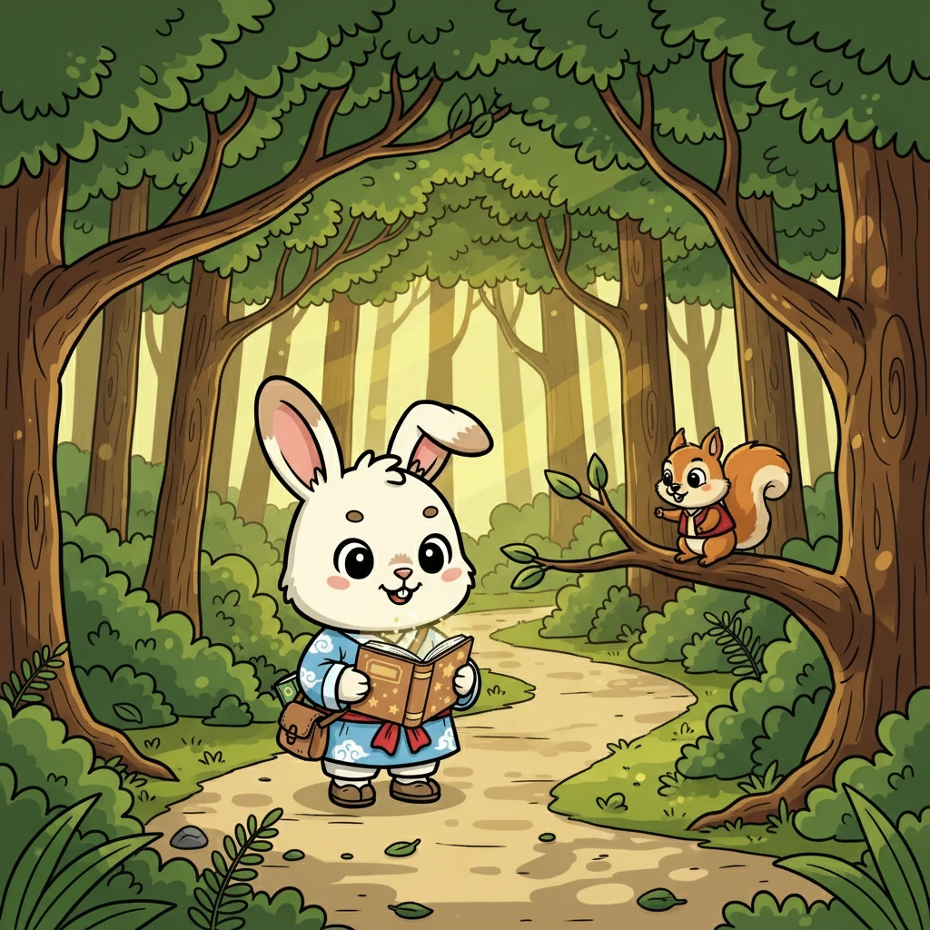 豆豆沿着地图的指示，穿过一片茂密的森林。树木高耸，阳光透过树叶洒在地上，形成斑驳的光影。她遇到了一只友善的小松鼠，小松鼠告诉她要小心前方的路。