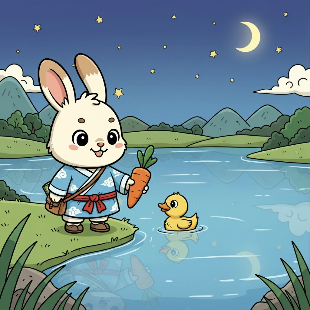 她来到了一个清澈的湖泊边，湖水倒映着天空中的星星。豆豆看到一只小鸭子在湖里玩耍，它看起来很孤独。豆豆决定和它一起玩，分享她的胡萝卜。