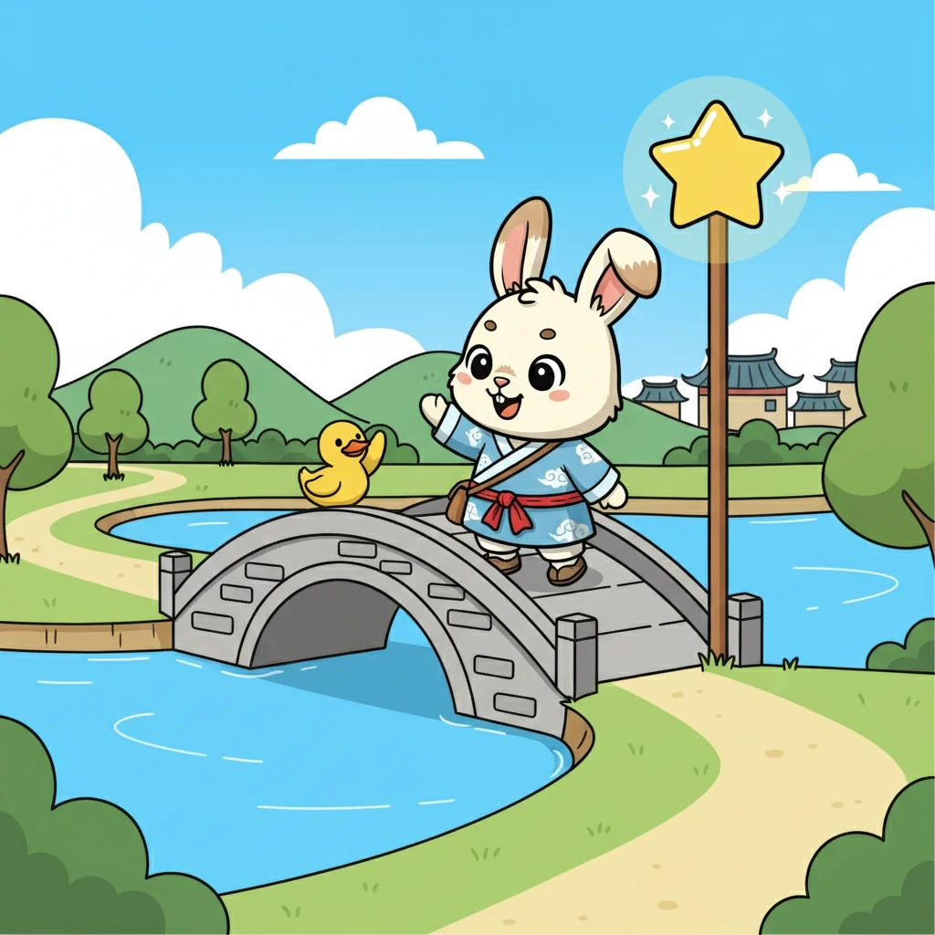 小鸭子告诉豆豆，在湖的另一边有一座小桥，可以通往友谊之星。豆豆告别了小鸭子，穿过了小桥，继续她的旅程。